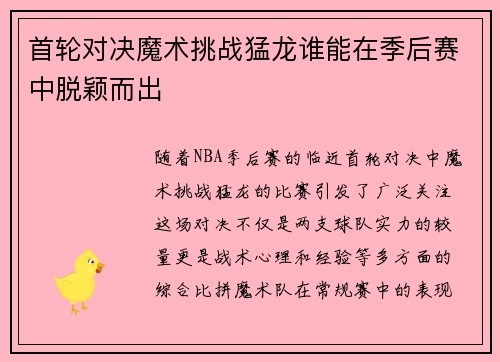 首轮对决魔术挑战猛龙谁能在季后赛中脱颖而出