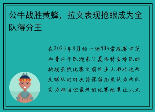 公牛战胜黄蜂，拉文表现抢眼成为全队得分王