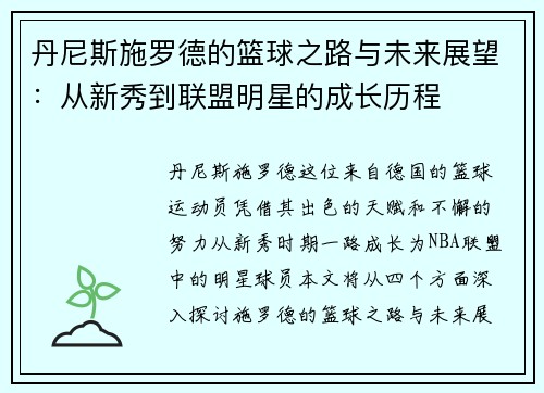 丹尼斯施罗德的篮球之路与未来展望：从新秀到联盟明星的成长历程