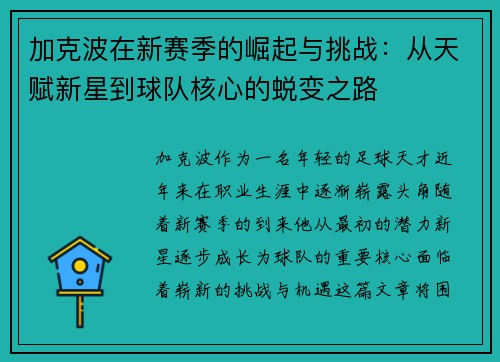 加克波在新赛季的崛起与挑战：从天赋新星到球队核心的蜕变之路