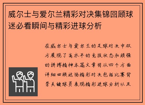威尔士与爱尔兰精彩对决集锦回顾球迷必看瞬间与精彩进球分析