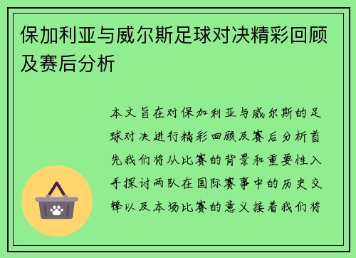 保加利亚与威尔斯足球对决精彩回顾及赛后分析