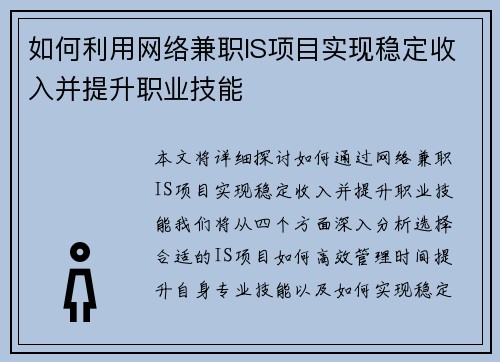 如何利用网络兼职IS项目实现稳定收入并提升职业技能